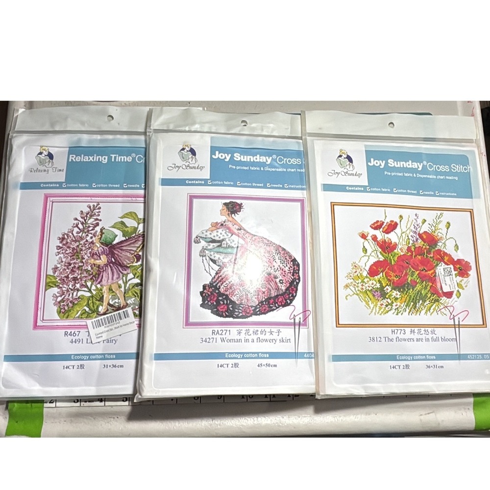 VTG Joy Sunday Cross Stitch Kit Bundle Lilac Fairy Floral Poppies Set of 3 NEW‎
